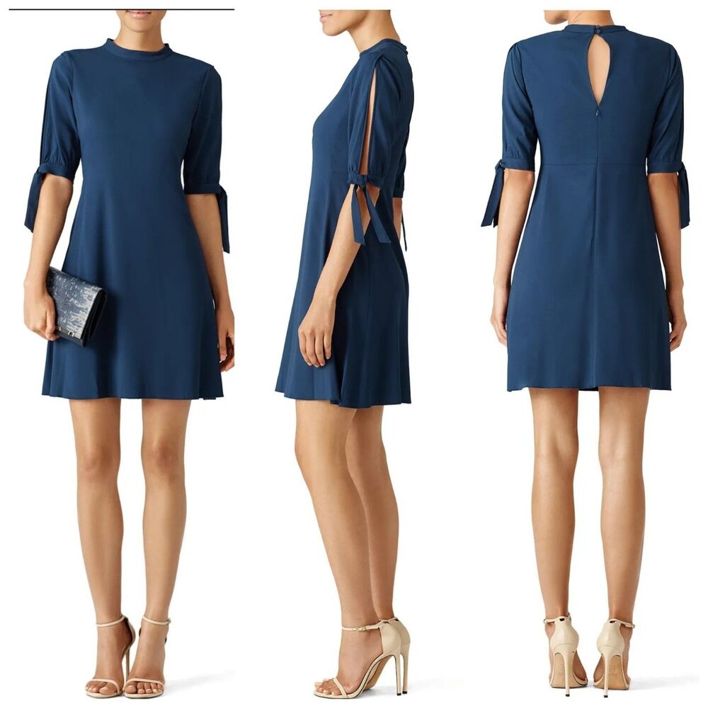 Theory Alvilla Bergen Navy Fit Flare Dress Tie Sleeve Size 6 Cocktail Modern - Picture 12 of 12